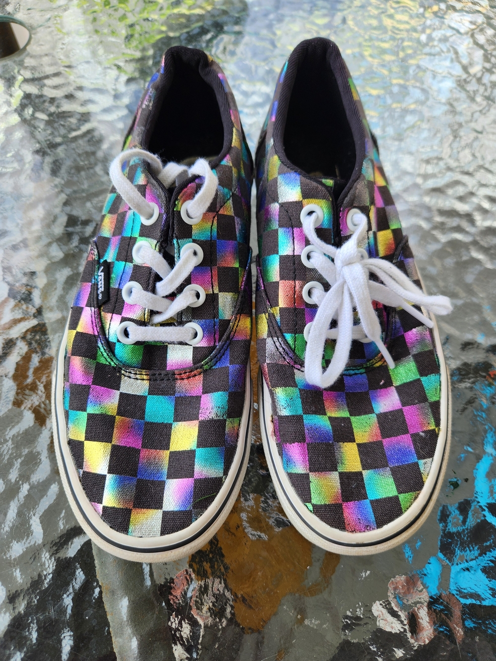 Vans Womens Metallic Rainbow Checkerboard Sneakers - Black Multicolor
